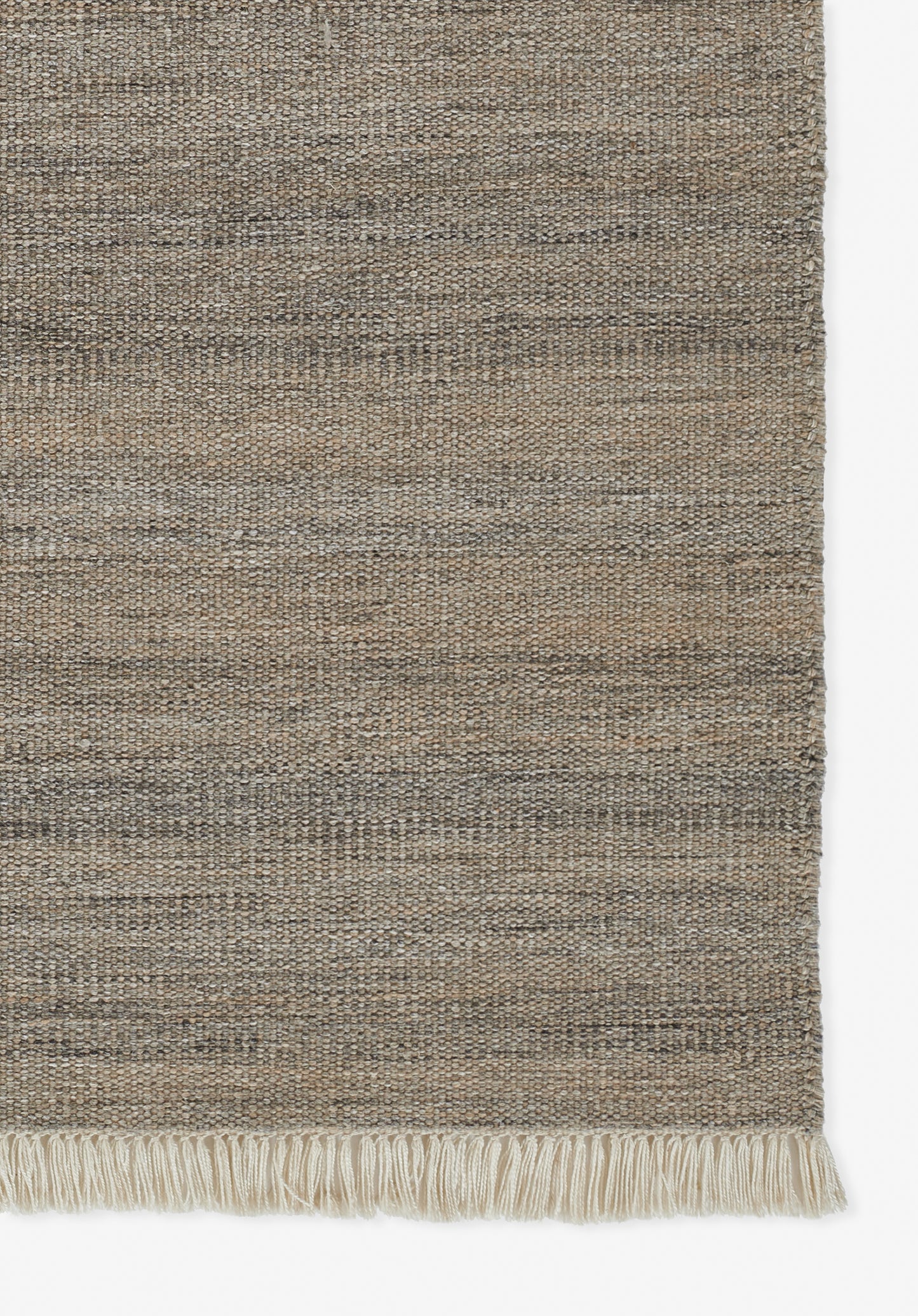 Neutral gray-taupe woven rug with subtle horizontal stripes and cream fringe along the bottom edge.