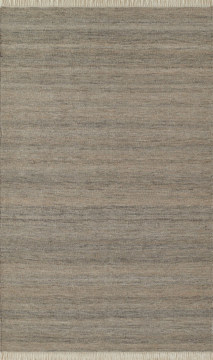 Gray flatweave rug with subtle heather texture and cream fringe along the ends.