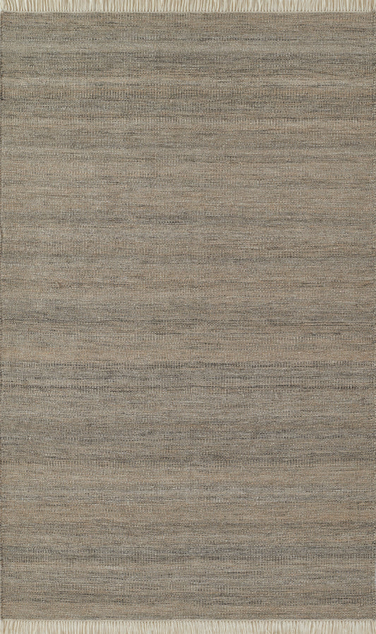 Gray woven rug with subtle stripe pattern, soft neutral tones, fringed top edge, versatile rectangular area rug.