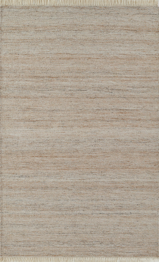 Natural beige woven rug with subtle horizontal striations and a fringed top edge.