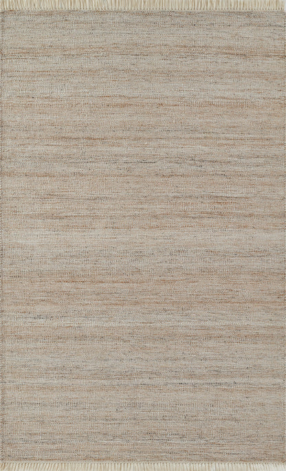 Natural beige flat-weave area rug with subtle horizontal striations and light fringe along the top edge.
