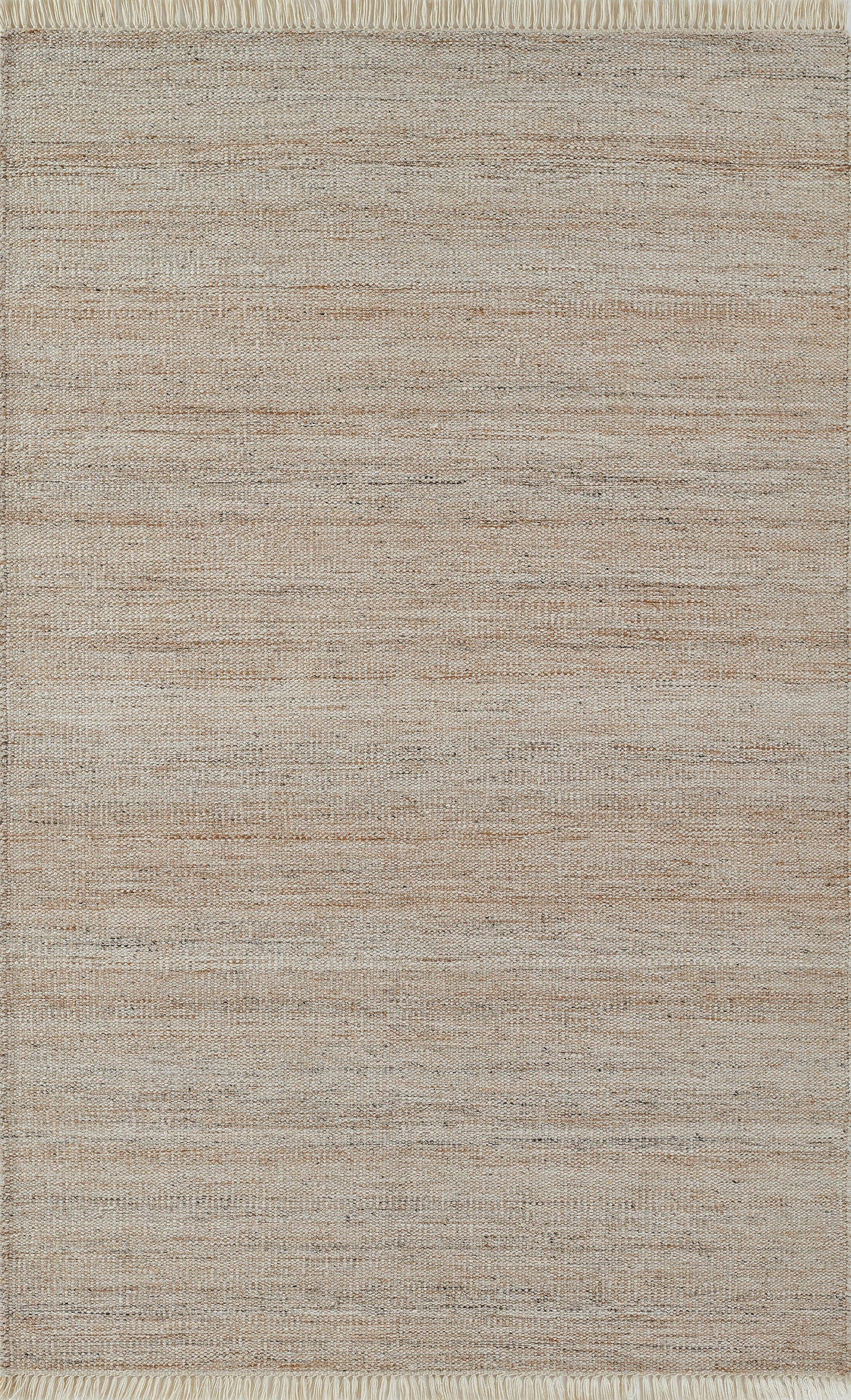 Natural beige woven rug with subtle tan stripes and fringed ends; rectangular, casual coastal style.