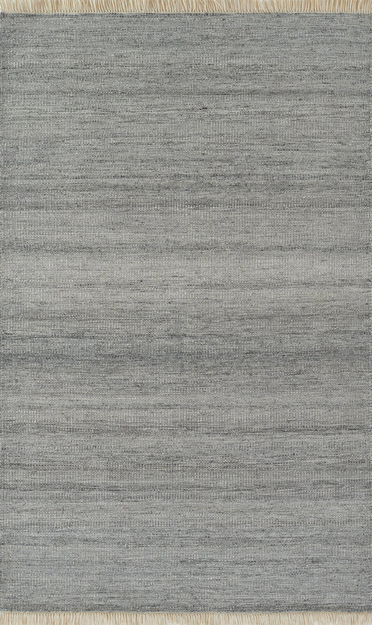 Rectangular grey flat-weave rug with subtle variegated horizontal bands and beige fringe.