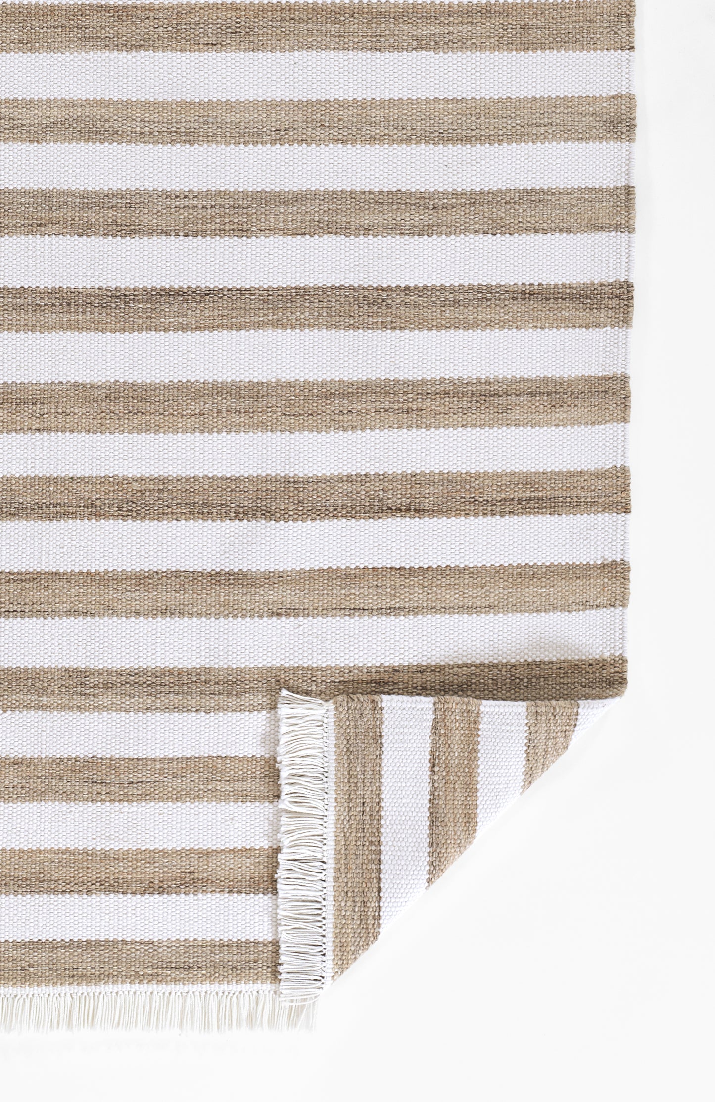 Beige & white striped woven cotton rug runner (2' x 8') with fringed edge; coastal-style decor for hallway or entry.