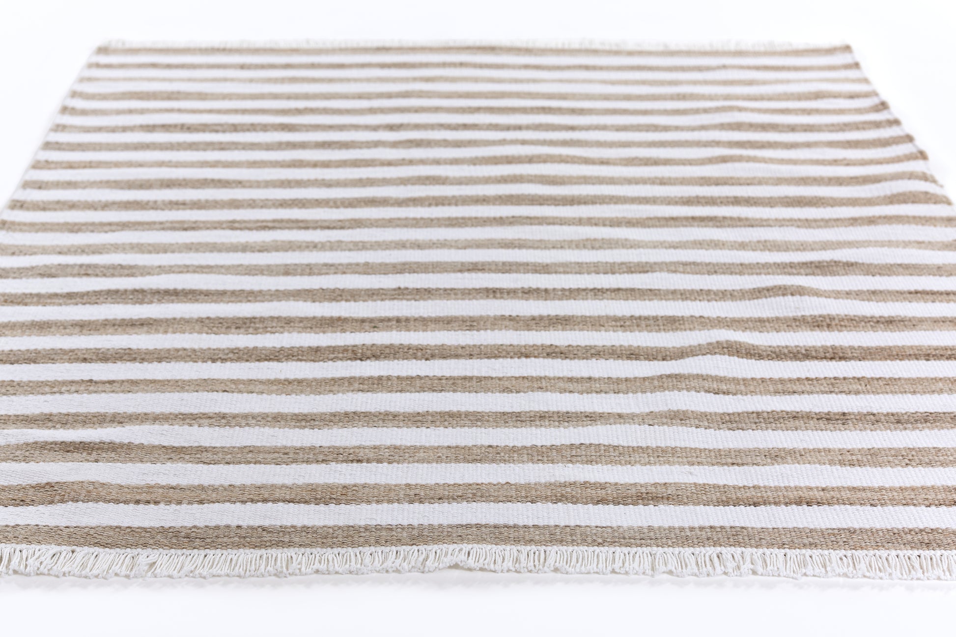 Rectangular flat-weave runner rug with brown and white horizontal stripes and fringe, 2' x 8'.