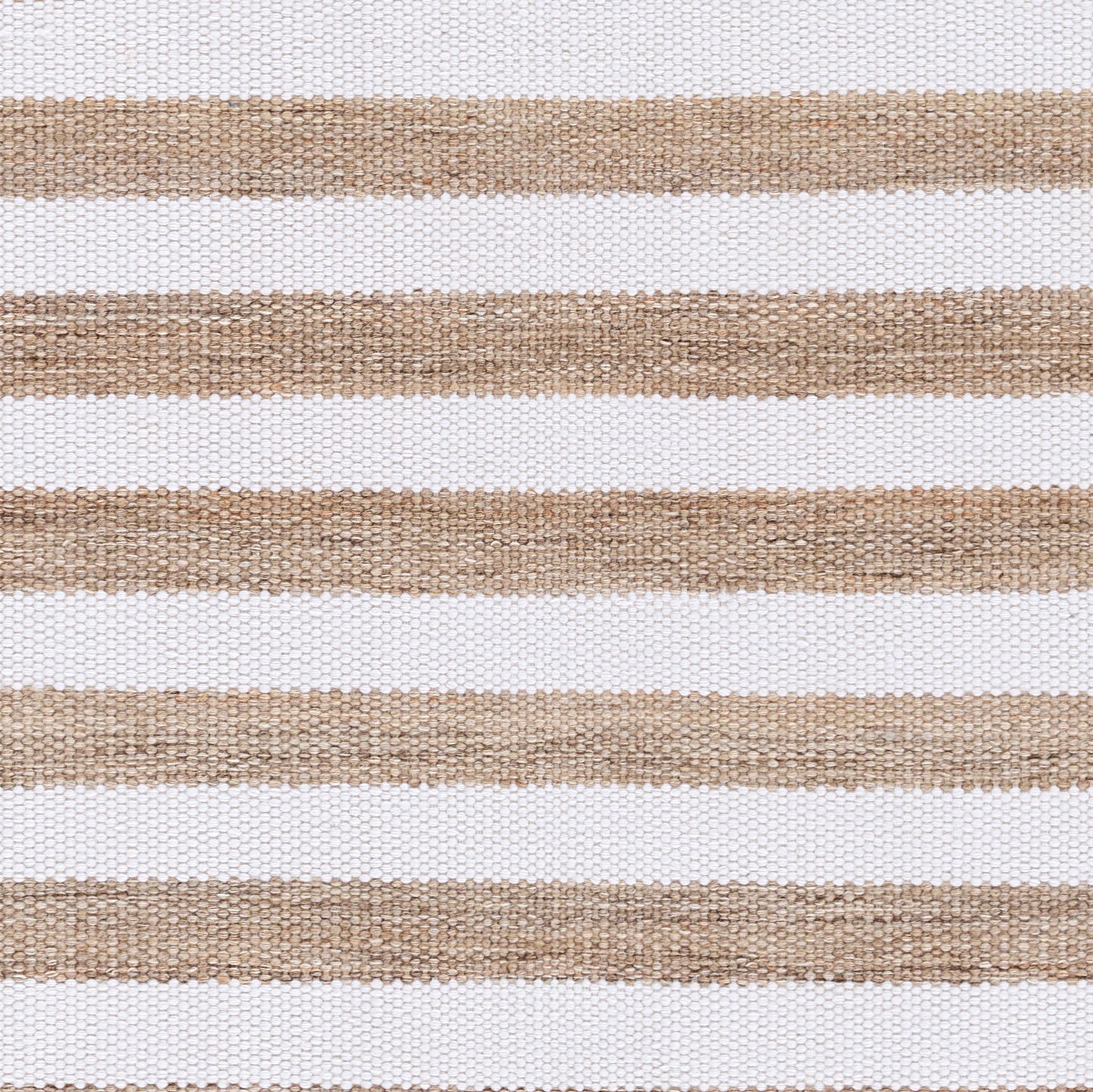 Natural beige and white striped woven rug; horizontal bands, textured natural-fiber weave.