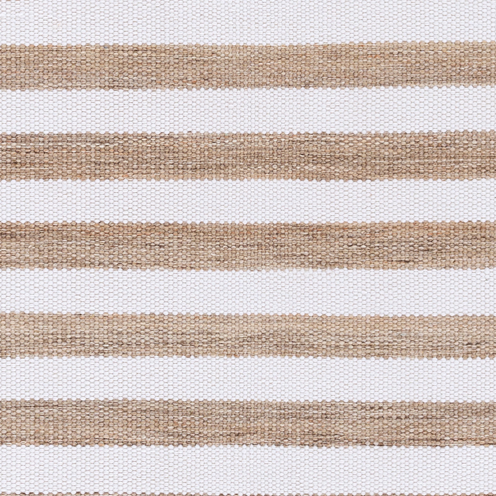 Beige and tan horizontal striped woven rug with natural fiber texture.