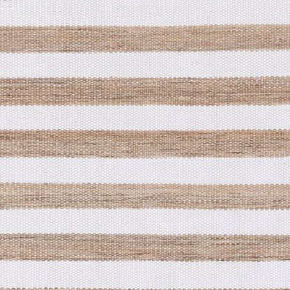 Close-up of a beige striped woven rug with tan horizontal bands on a white base, showing natural fiber texture.