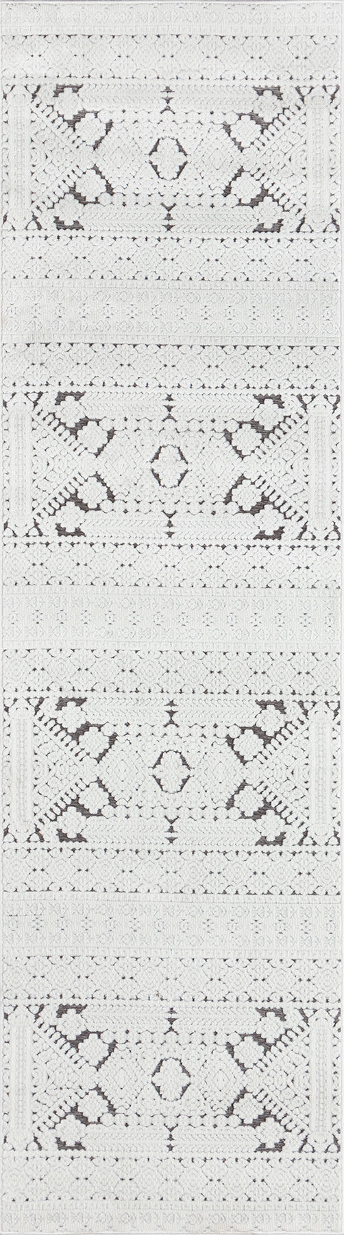 Monochrome geometric textile pattern with diamond motifs, triangles and dots in light gray tones; repeated tile design.