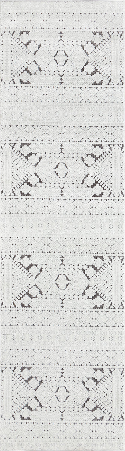 Monochrome geometric textile pattern with diamond motifs, triangles and dots in light gray tones; repeated tile design.
