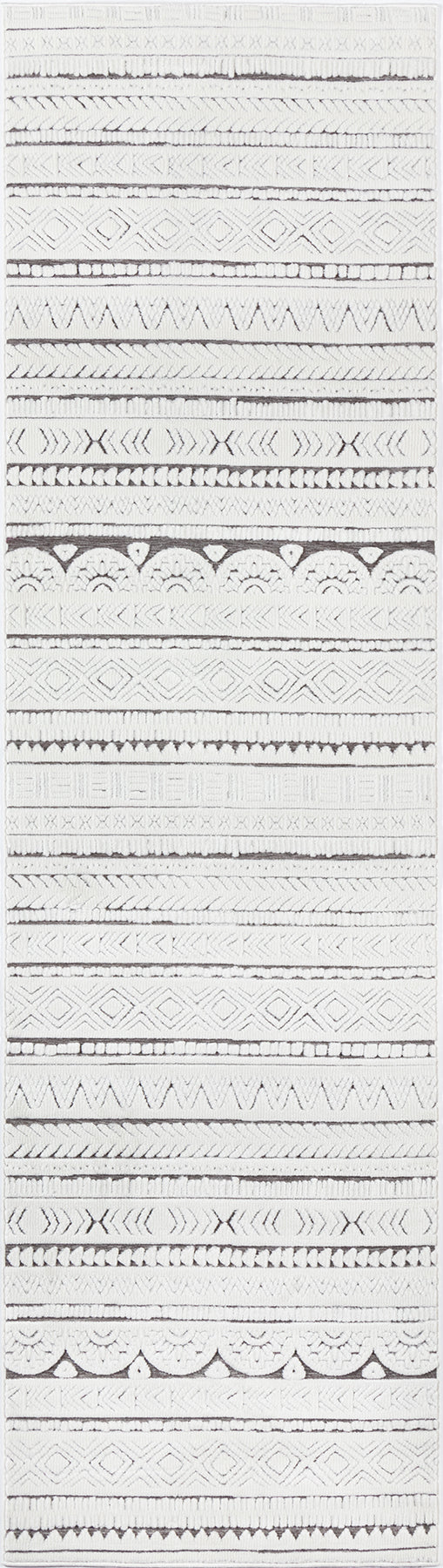 White lace trim swatch with geometric and scalloped bands; crochet/embroidery style for garments or crafts.