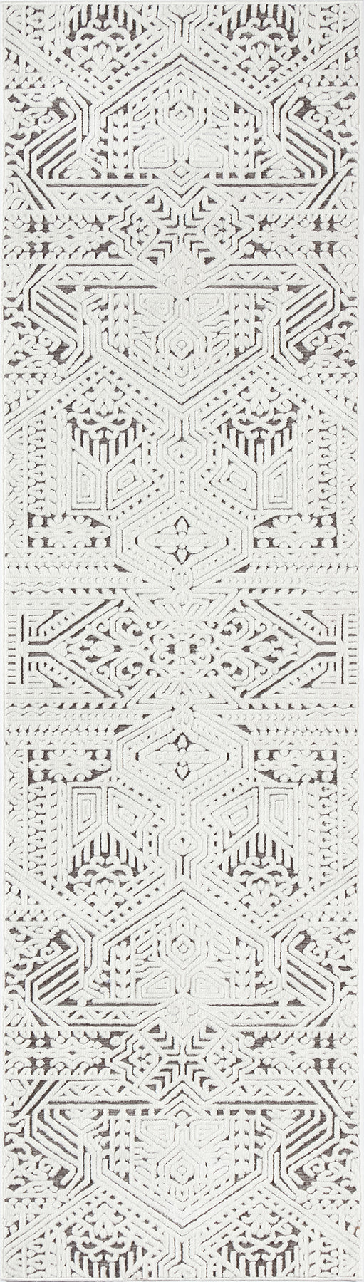 Ivory crochet lace rug with repeating geometric hexagon and star motifs in a vertical decorative panel.
