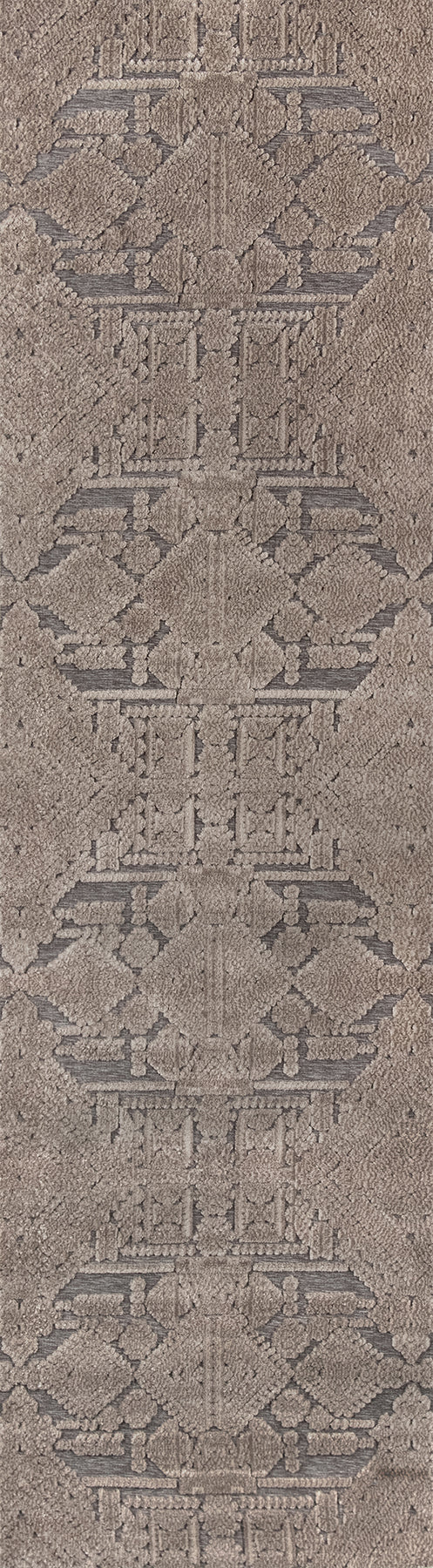 Neutral brown rug, 2' x 3', with subtle geometric diamond and lattice motifs in taupe and beige, woven texture.