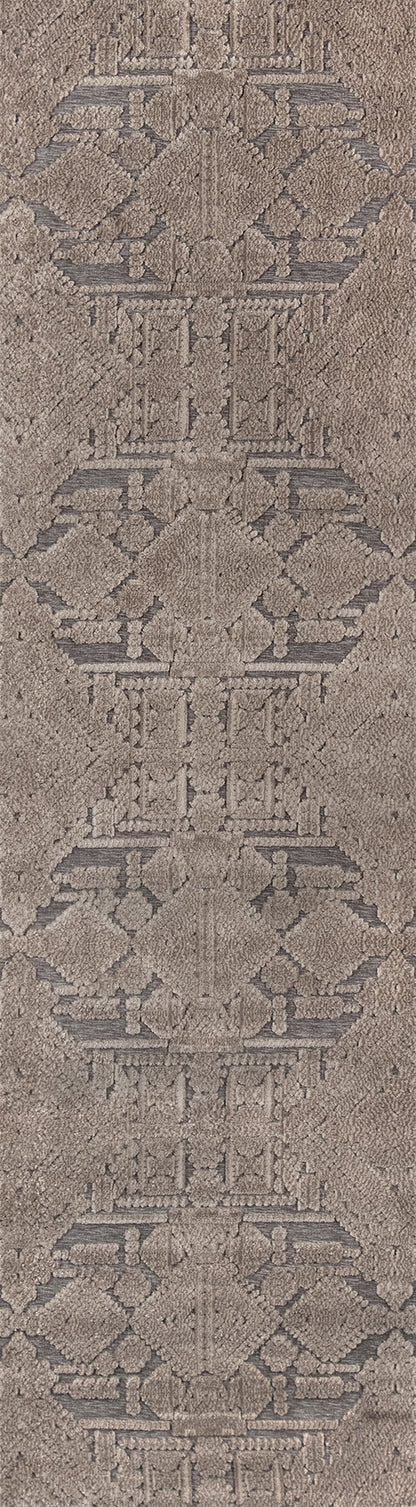 Neutral brown rug, 2' x 3', with subtle geometric diamond and lattice motifs in taupe and beige, woven texture.