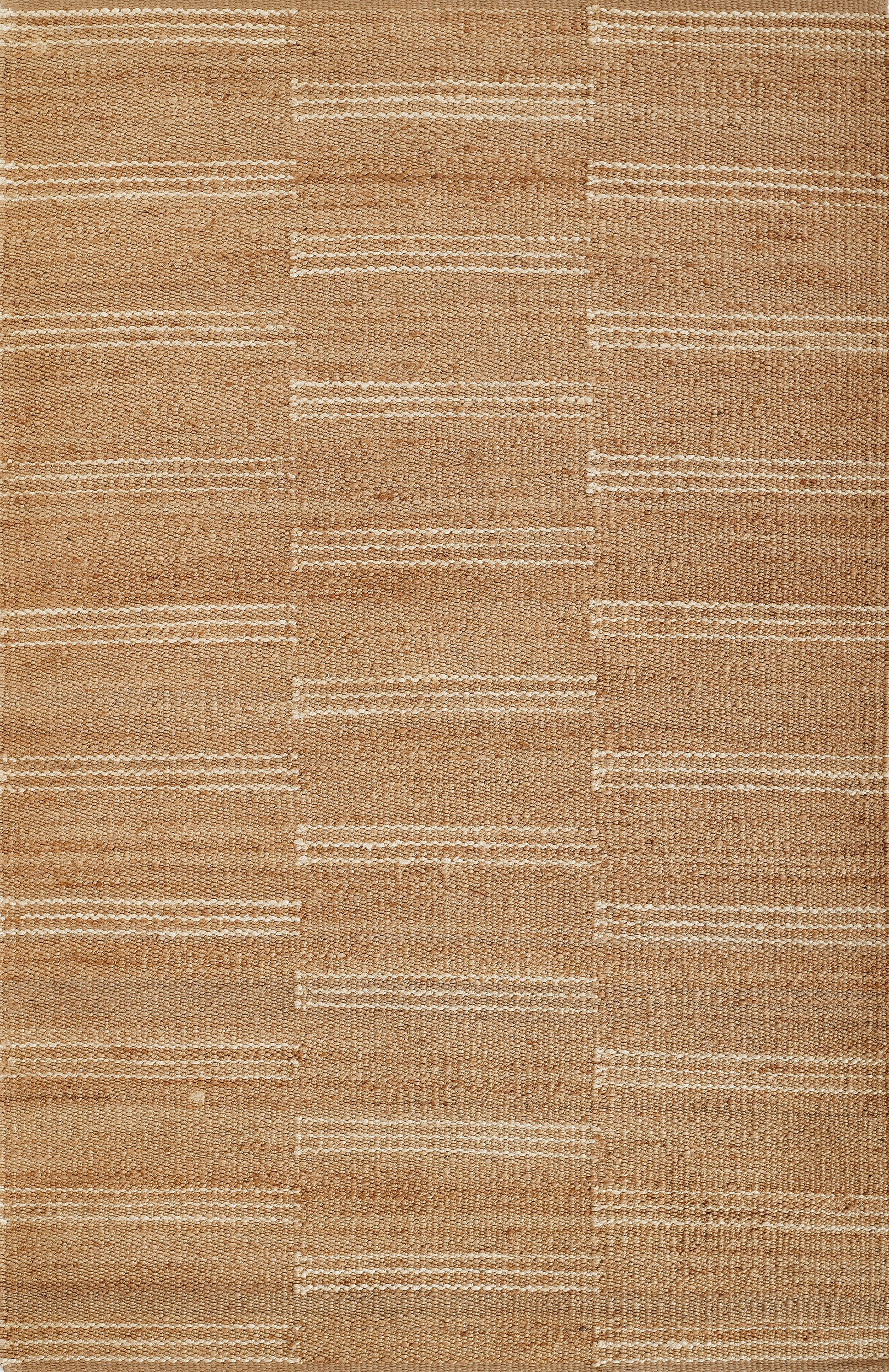 Rectangular natural jute rug with cream horizontal stripes and textured weave.