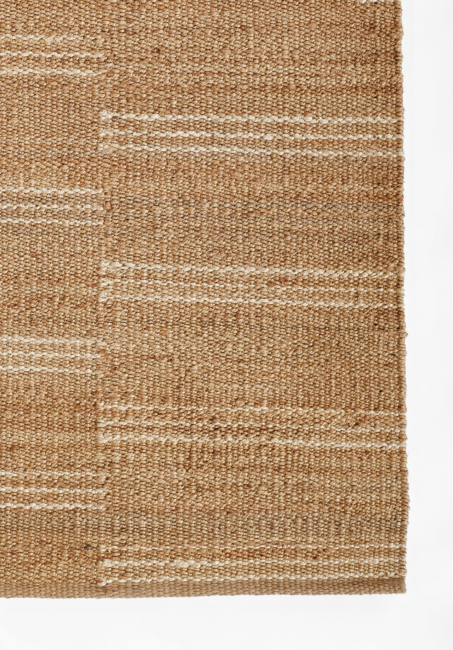Rectangular natural jute rug with textured weave and light horizontal stripes.
