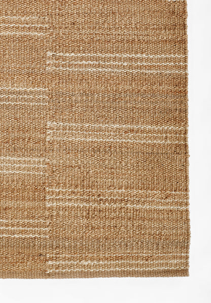 Natural jute rug with light cream horizontal stripes; rectangular, rustic woven texture for living spaces.