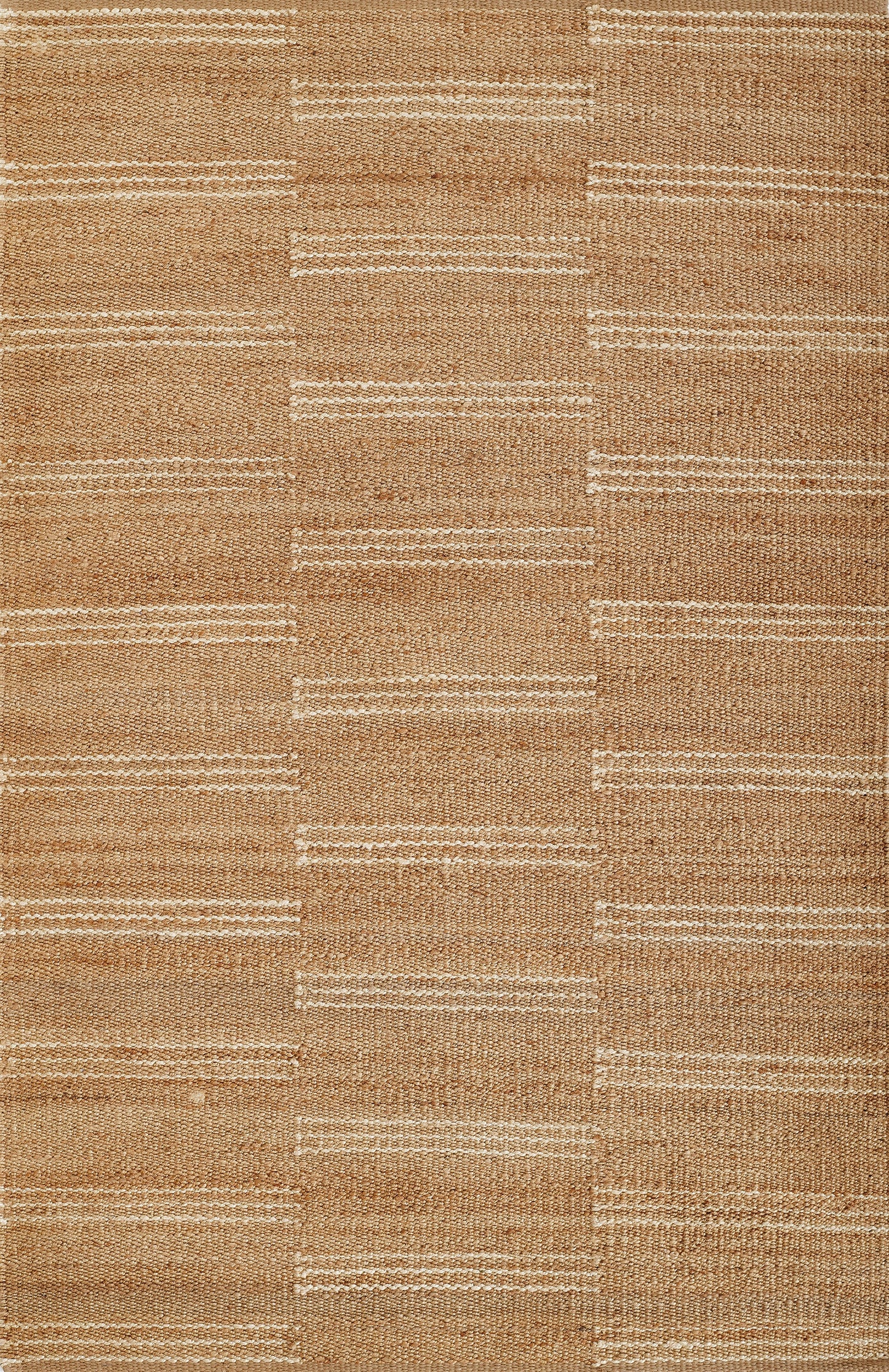 Natural beige flat-weave rug with cream horizontal stripes in a subtle grid pattern.