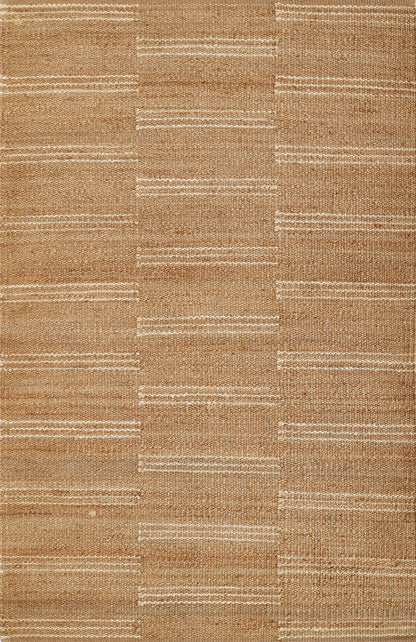 Natural beige flat-weave rug with cream horizontal stripes in a subtle grid pattern.