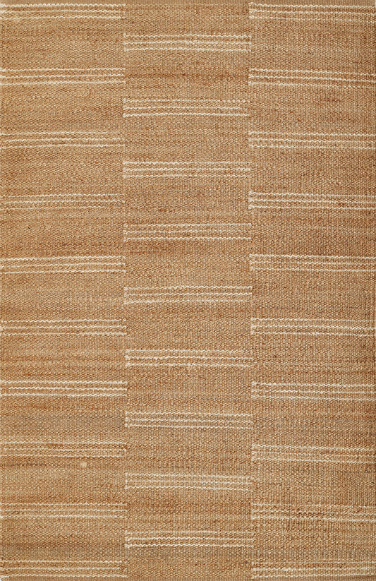 Natural tan woven rug with horizontal white dashed stripes forming a subtle geometric grid.