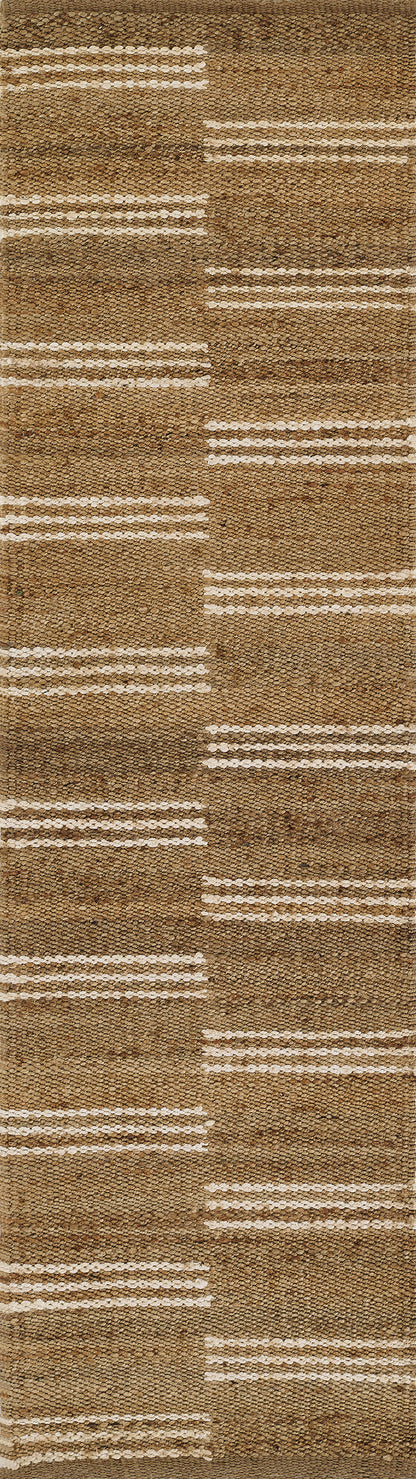 Natural brown jute rug with cream horizontal stripes; rectangular, rustic style, ideal for living room or entryway.