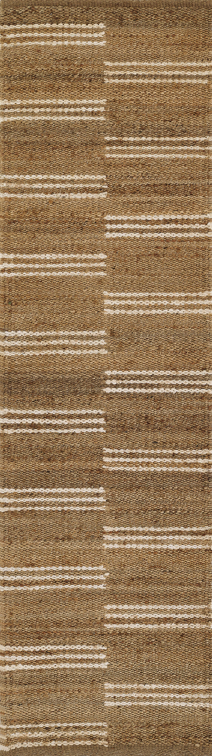 Natural brown jute rug with ivory broken stripes and woven texture.