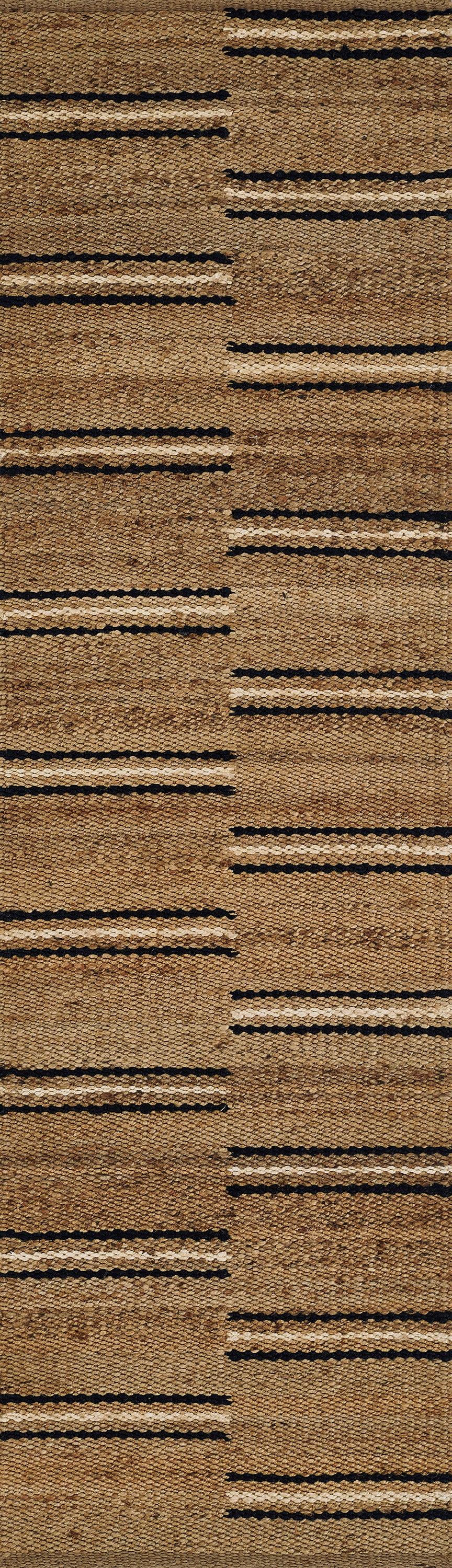 Natural jute rug close-up with tan base and dark brown and cream broken stripe bands, 2' x 3'.