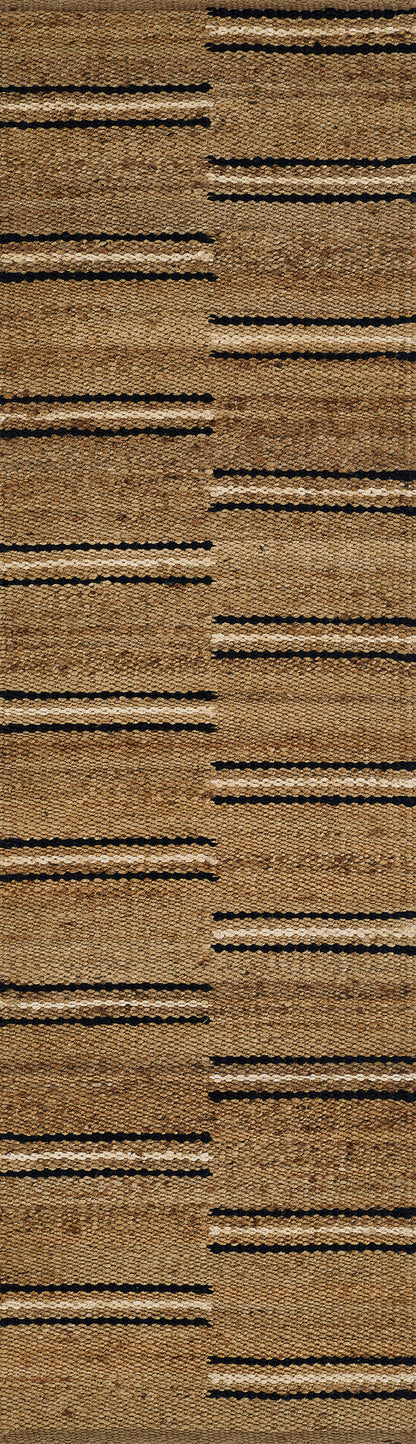 Natural brown handwoven jute rug with subtle black and beige horizontal stripes.