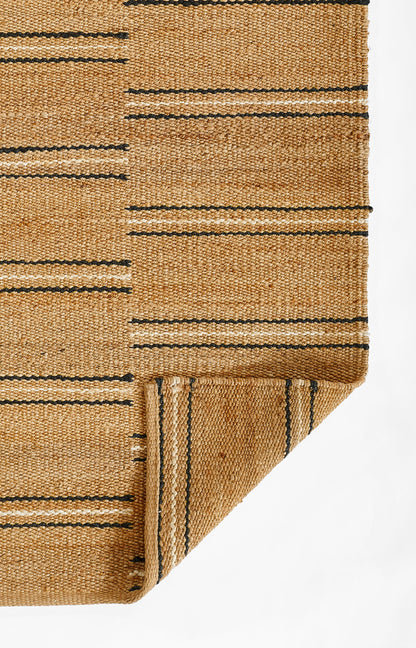 Natural jute rug with black stripe pattern, rectangular, folded corner; boho, earthy home decor