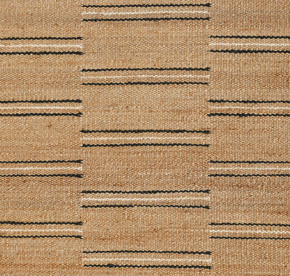 Natural beige woven jute rug with black broken stripe pattern.