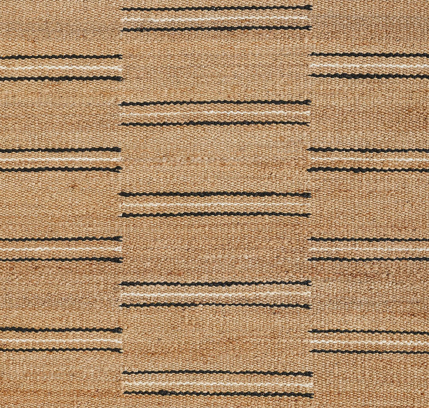 Natural beige jute rug with black horizontal stripe bands forming a subtle grid pattern.