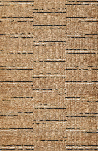 Natural beige jute rug with horizontal dark stripe bands in a geometric striped pattern.