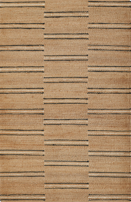 Natural beige jute rug with horizontal dark stripe bands in a geometric striped pattern.