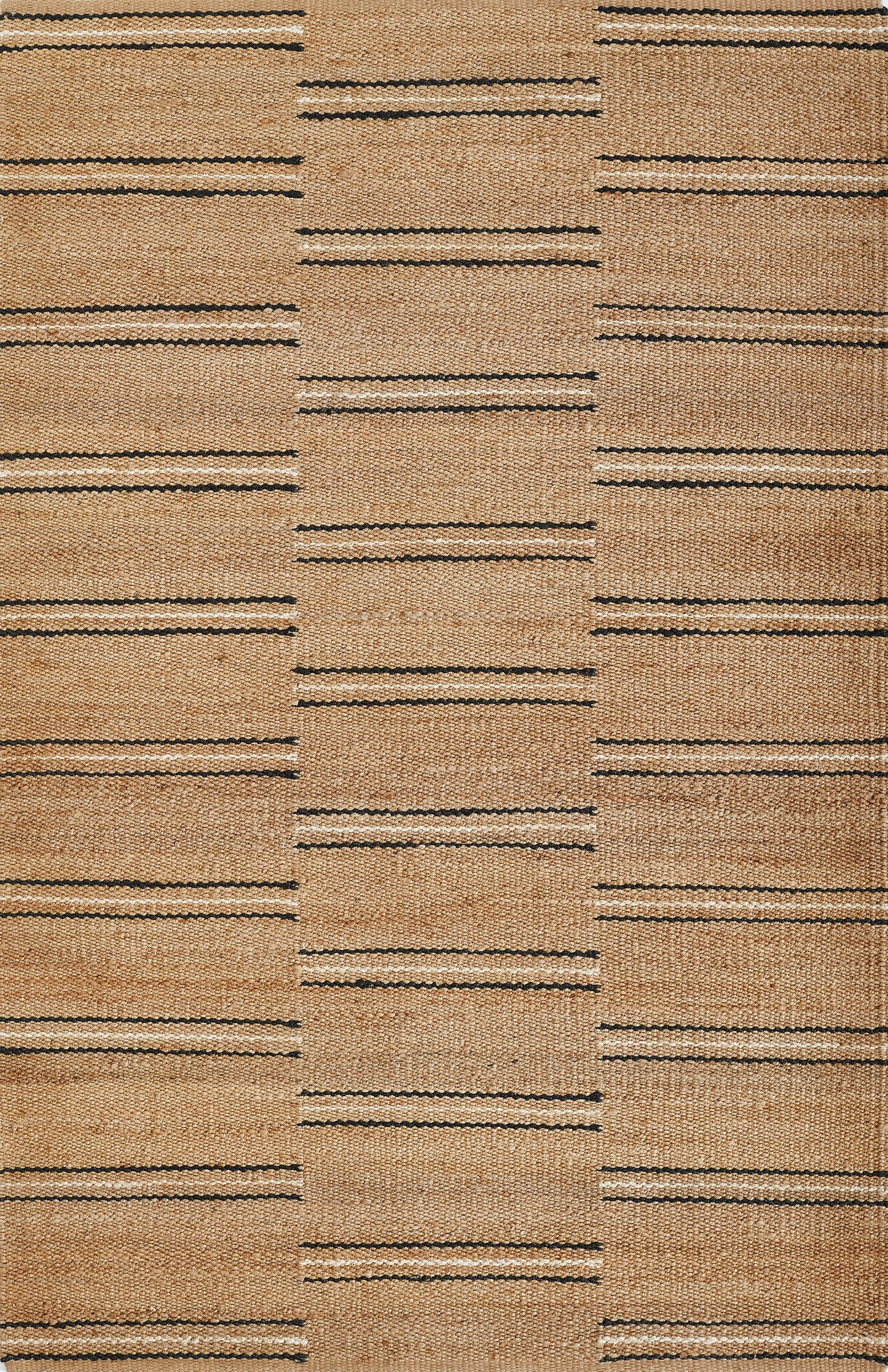Natural jute rug in beige with charcoal broken stripe pattern; flat-weave rectangular boho-style rug for living room or hallway.