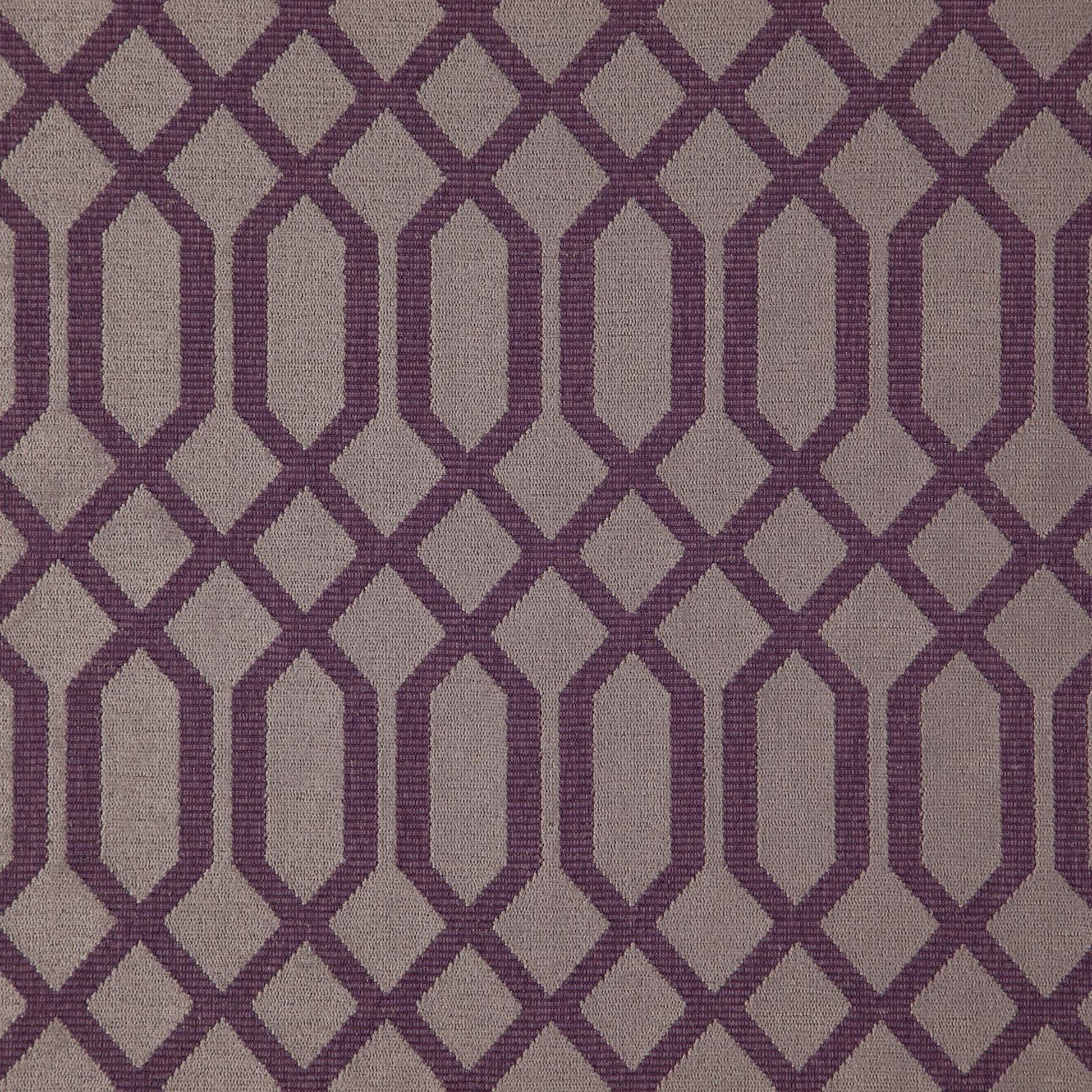 Purple crisscross lattice on chenille fabric; geometric diamond upholstery pattern.