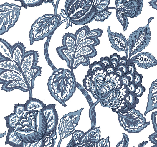 York Wallcoverings Grasscloth Resource Library White and Blue Midsummer Jacobean Wallpaper  Botanical Whites and Off-Whites   - CY1535