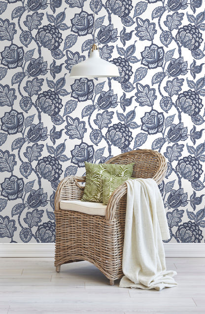 York Wallcoverings Grasscloth Resource Library White and Blue Midsummer Jacobean Wallpaper  Botanical Whites and Off-Whites   - CY1535