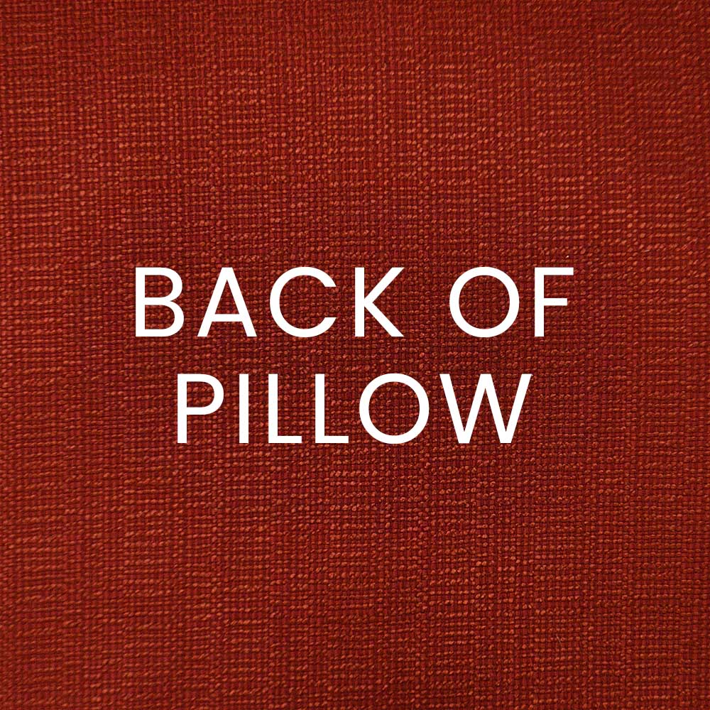 Berry-red woven pillow back in textured fabric with white 'BACK OF PILLOW' lettering.
