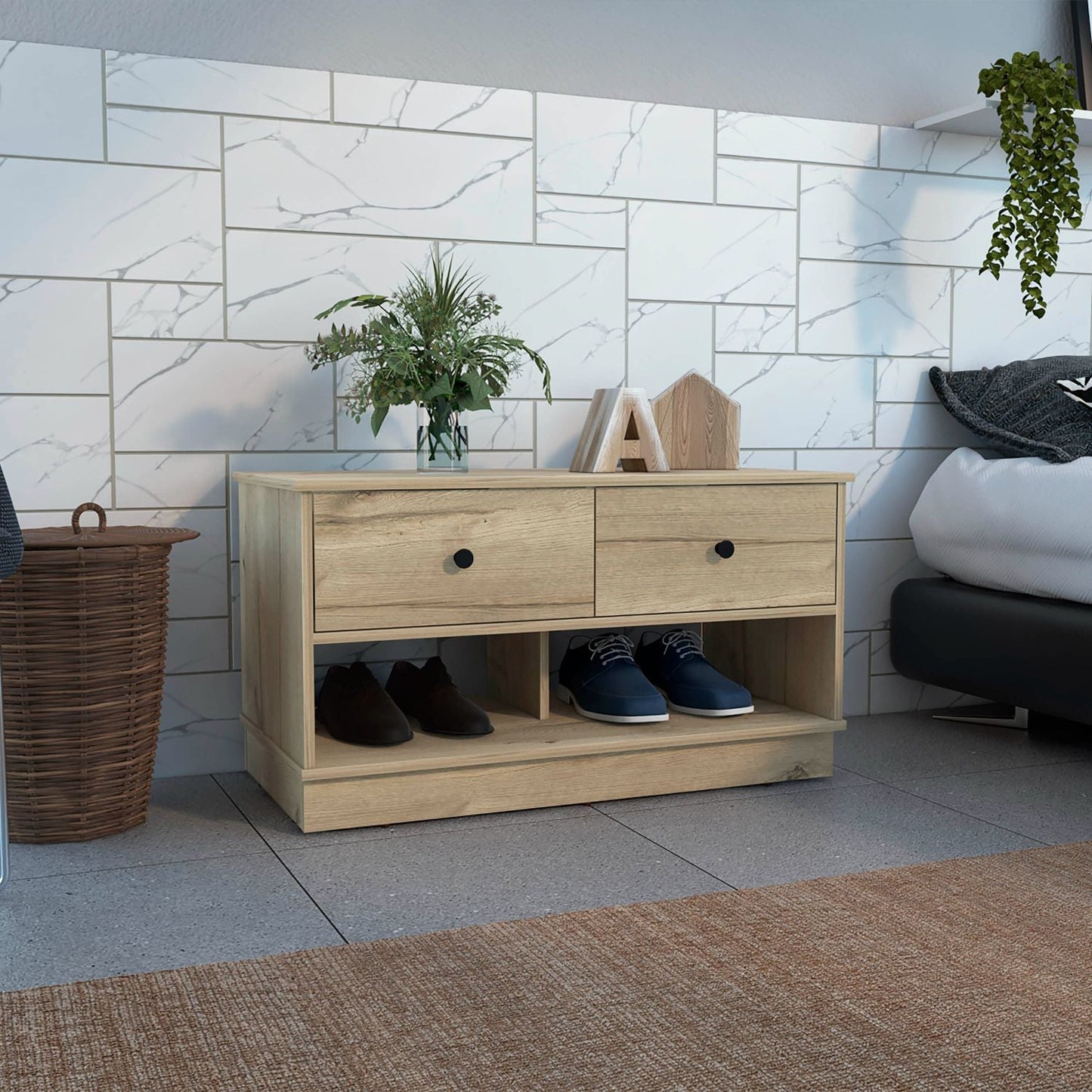 Storage Bench with Two Open Shelves & Two Drawers