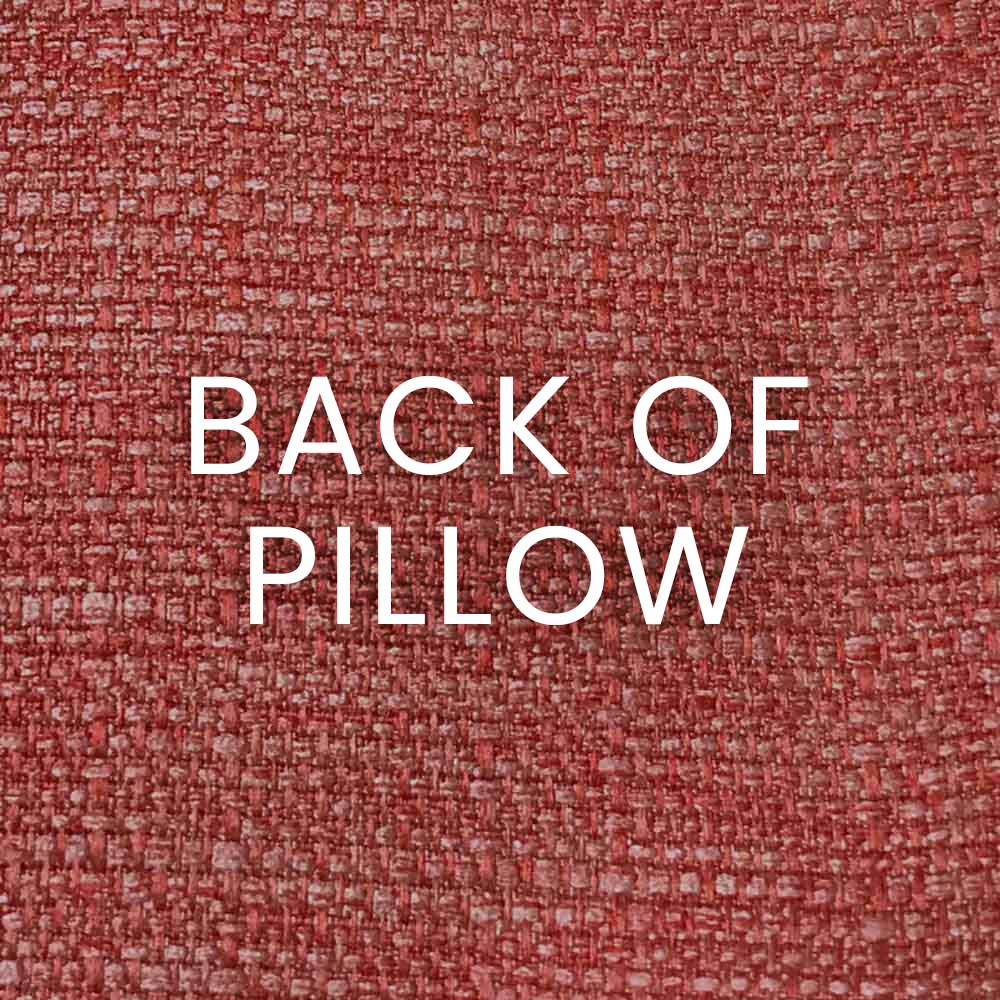 Coral-red woven fabric pillow with a textured, speckled upholstery look (back view).