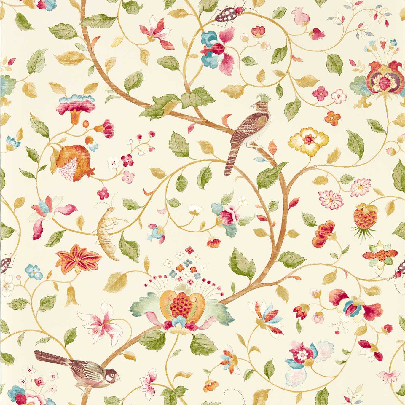 SANDERSON Aril?s Garden Wallpaper Birds Olive,Mulberry  Gravure - Wide Width Printed Wallpaper - DABW217238