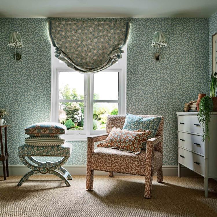 Sanderson Truffle Wallpaper in Blue Clay featuring a textured pin-dot pattern on a softly spotted background. Luxury designer wallpaper from the Arboretum Collection, ideal for feature walls, living rooms, bedrooms, dining rooms, hallways, and elegant modern or traditional interiors.