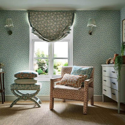 Sanderson Truffle Wallpaper in Blue Clay featuring a textured pin-dot pattern on a softly spotted background. Luxury designer wallpaper from the Arboretum Collection, ideal for feature walls, living rooms, bedrooms, dining rooms, hallways, and elegant modern or traditional interiors.