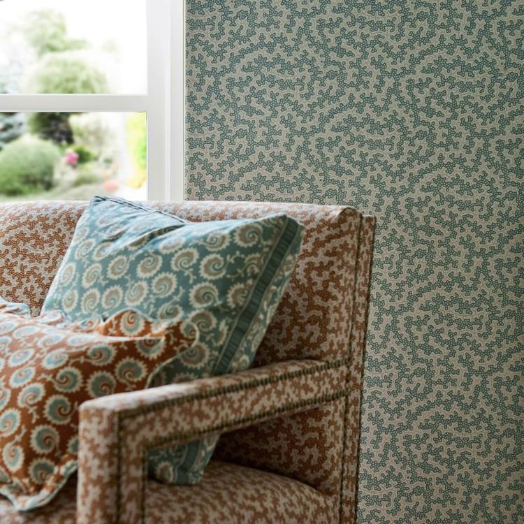 Sanderson Truffle Wallpaper in Blue Clay featuring a textured pin-dot pattern on a softly spotted background. Luxury designer wallpaper from the Arboretum Collection, ideal for feature walls, living rooms, bedrooms, dining rooms, hallways, and elegant modern or traditional interiors.