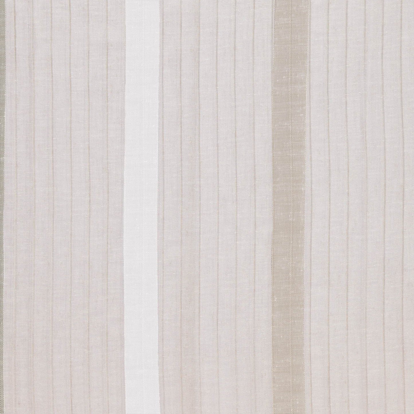 Neutral striped linen-like fabric with vertical beige and cream tones, ideal for curtains or upholstery.