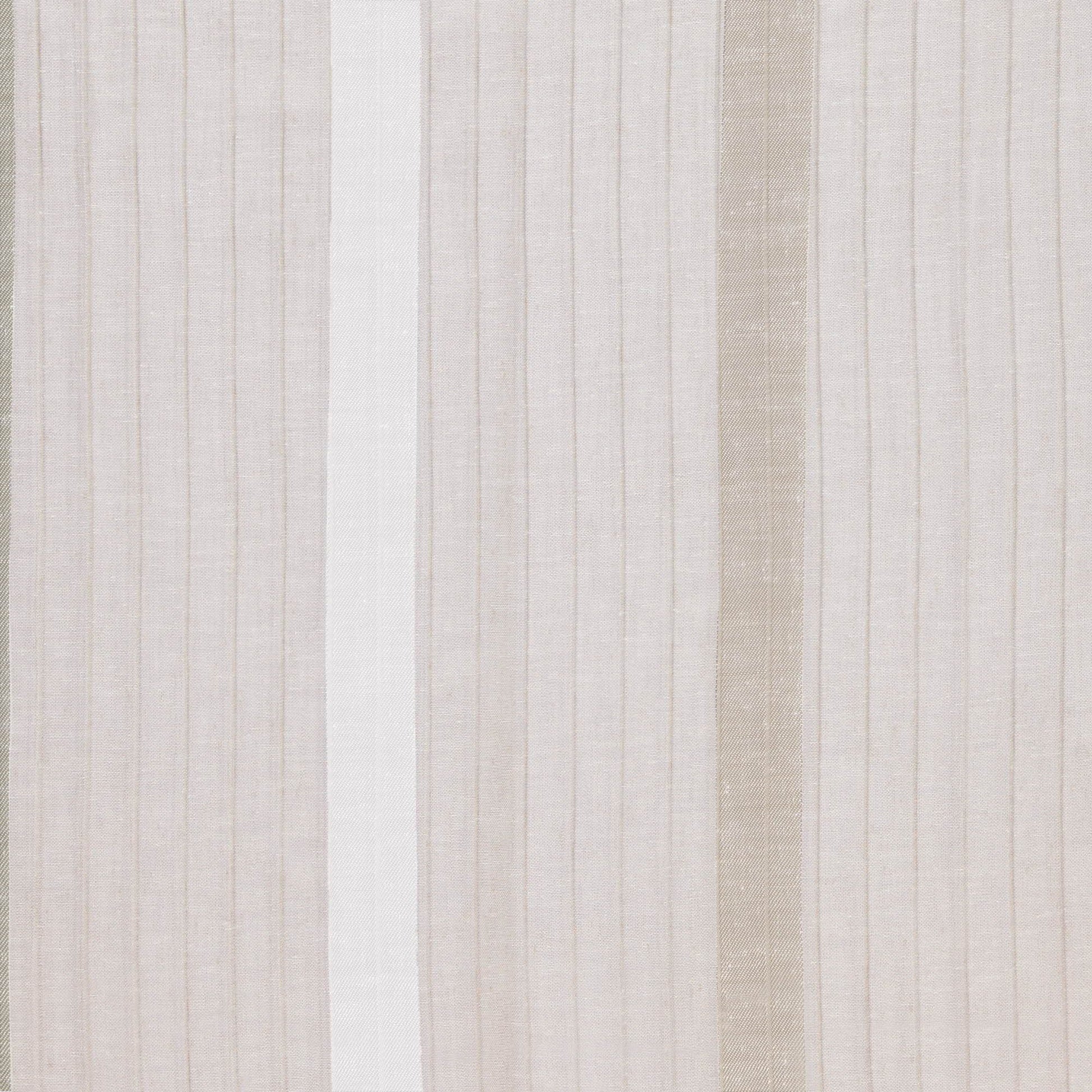 Neutral striped linen-like fabric with vertical beige and cream tones, ideal for curtains or upholstery.