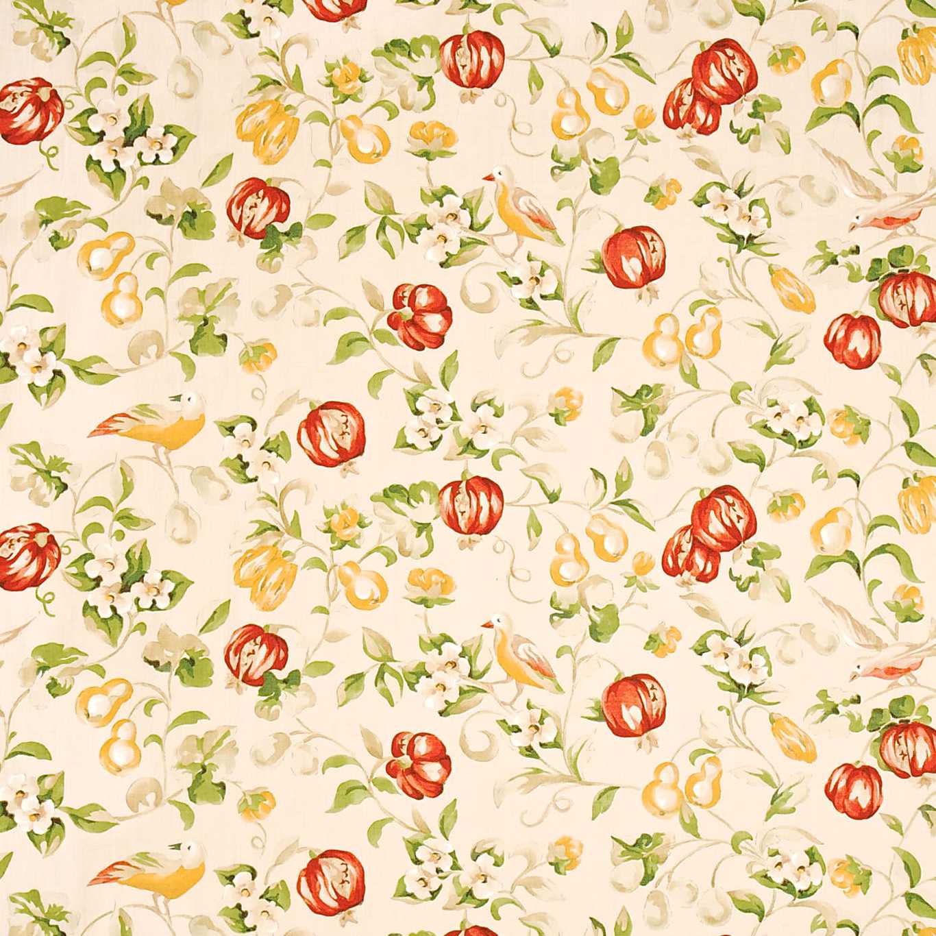 SANDERSON Pear & Pomegranate Fabric Leaves , Trees Lemon, Vermillion   - DAPGPE205