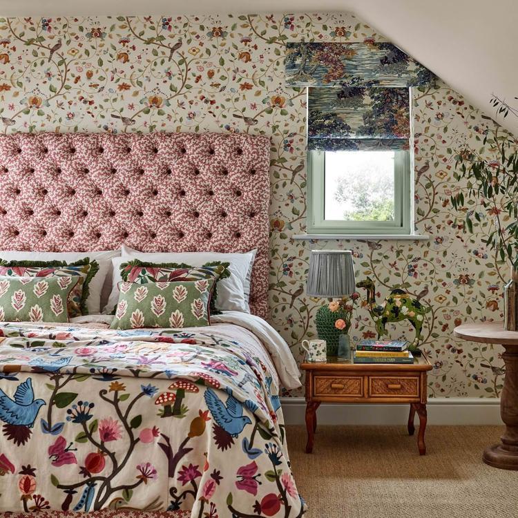 Sanderson Pinetum Prints fabric in Damson featuring detailed botanical pattern on cotton-linen textile for upholstery, curtains, blinds, cushions, and custom home décor from Primoends.