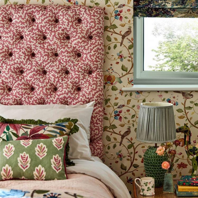 Sanderson Pinetum Prints fabric in Damson featuring detailed botanical pattern on cotton-linen textile for upholstery, curtains, blinds, cushions, and custom home décor from Primoends.