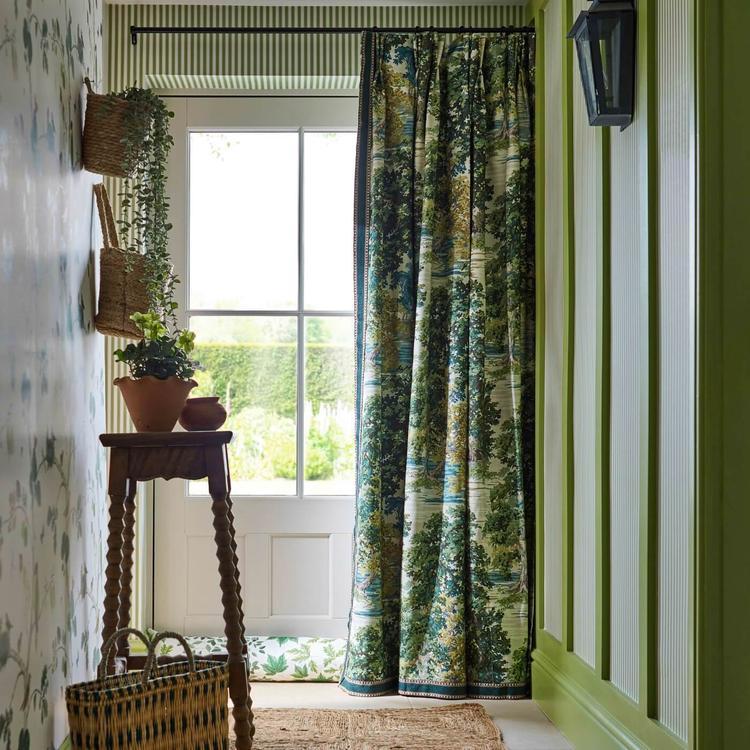 Sanderson Arboretum Ancient Canopy fabric in Sap Green featuring a detailed woodland tree canopy print textile ideal for upholstery, curtains, blinds, and cushions, available from Primoends.